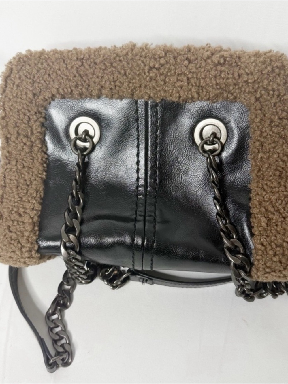 Shearling Trim Chain Shoulder Bag - Black and Brown Zara